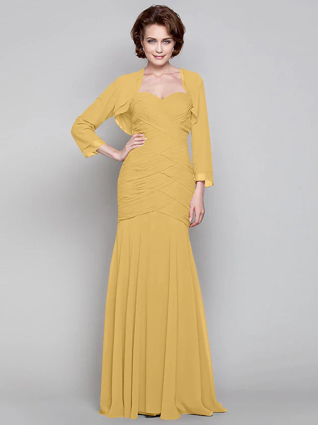 Wholesale Mermaid / Trumpet Mother of the Bride Dress Two Piece Sweetheart Floor Length Chiffon Long Sleeve with Criss Cross
